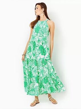 NWT Lilly Pulitzer Beccalyn Halter Dress Green Leaf Maxi Dress “Kiss My Tulips”